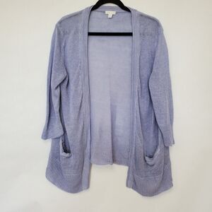 J. Jill Cardigan Womens Small Missy Open Front Linen Open Knit 3/4 Sleeve Blue